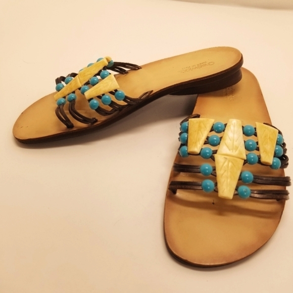 Chadwicks Shoes - Chadwicks Woman Size 8 Turquoise Blue Shell Beaded Sandal Slip On Open Toe Beach